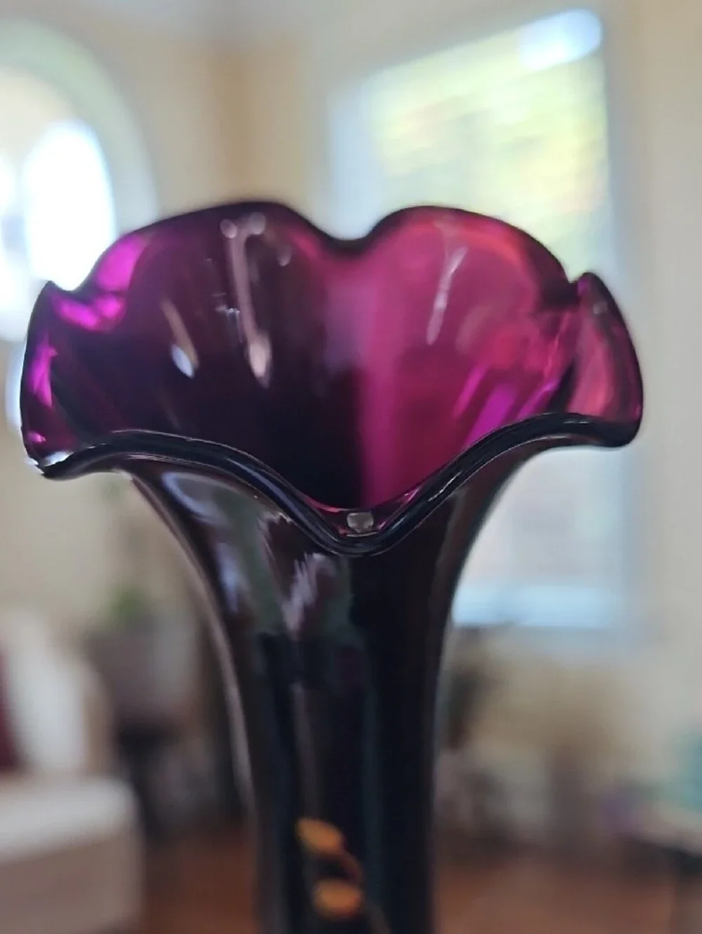 Art Deco Black Amethyst Hand Painted Enamel Floral Gold Ruffled Fluted Bud Vase